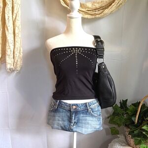 Y2K Goth Grunge Vintage Black Studded Sunburst Tube Top Strapless Large USA Made